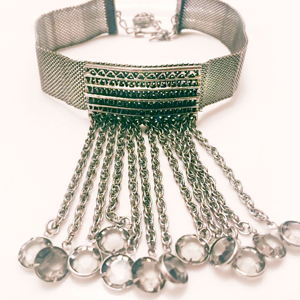 Silver Victorian Chainmail Choker Chain Fringe with Quartz Beads